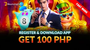 Promotional banner for BouncingBall8's app download campaign. It features a stylish male character, a lucky cat, and the BB8 mascot among gold coins. The text highlights "REGISTER & DOWNLOAD APP GET 100 PHP," emphasizing a fast mode for players to access rewards via the mobile application.
